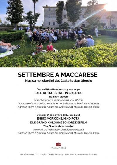 Settembre a Maccarese – Il 6 e 13 settembre “Concerti Jazz”  presso i giardini del castello di Maccarese ed il 7 settembre “Attività per bambini”